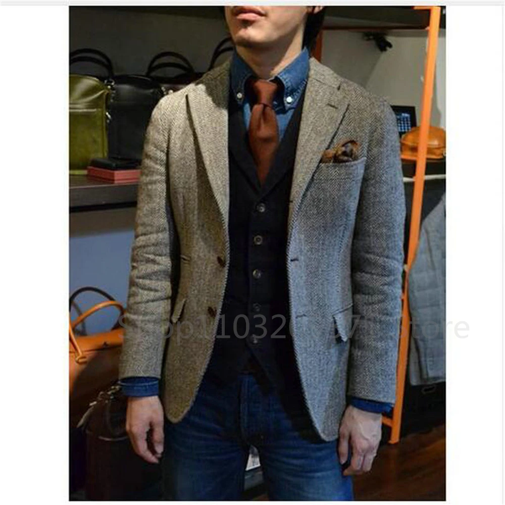 Men\'s Suit Gray Blazer Prom Tuxedos Herringbone Wool Tweed Single Breasted Formal Bussiness Jacket for Wedding（Only Coat）