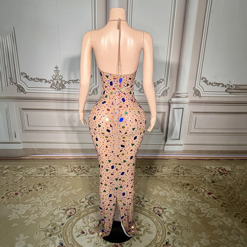 Pescoço cor lantejoulas fino temperamento vestido de noite à beira-mar férias namoro cantor música festival trajes palco vestido de festas