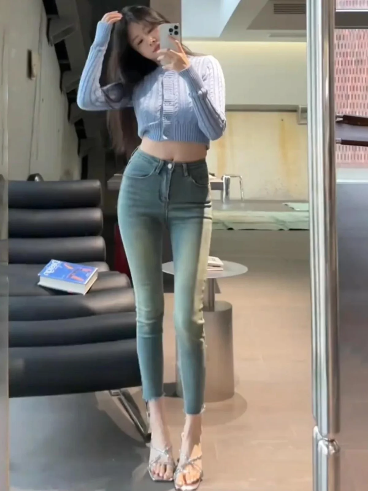 

Синие джинсы с завышенной талией в стиле ретро, облегающие женские брюки до щиколотки, хлопковые эластичные джинсовые брюки для поездок на работу, осеннее новое поступление