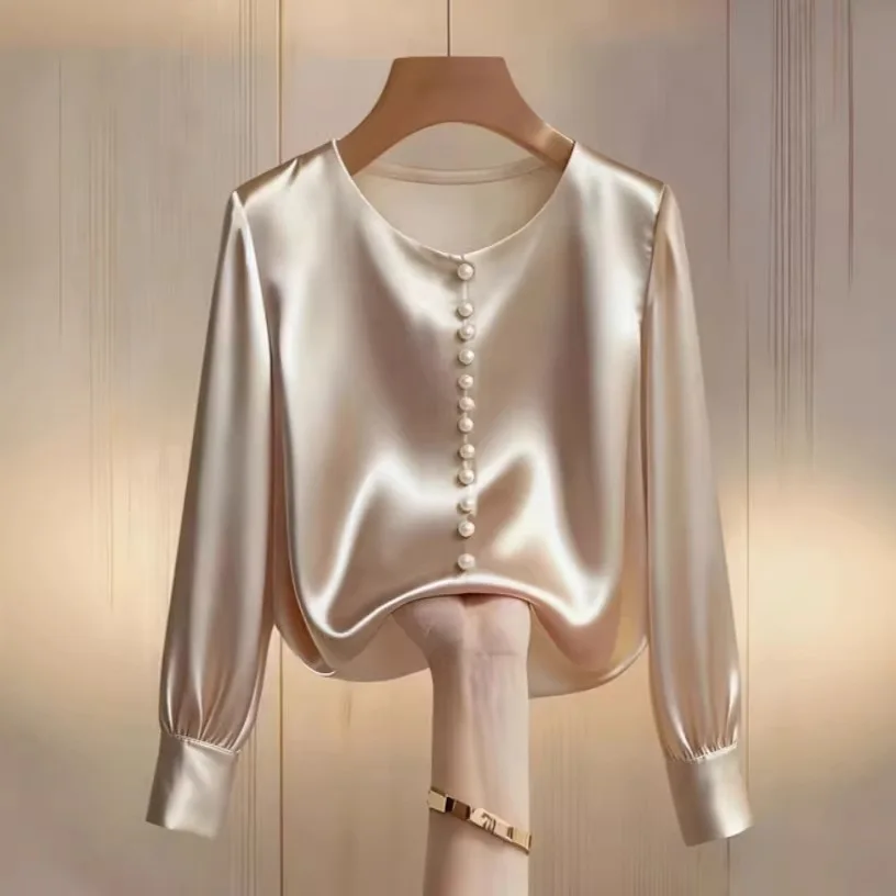 

Women's Chiffon Shirt Spring New Style Fashionable Elegant Gorgeous High Grade Silk Satin Pearl Button Decorative Chiffon Shirt