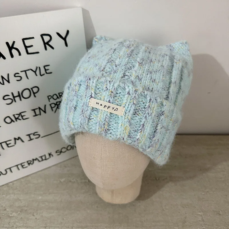 Koreanischer Stil, mehrfarbige Katzenohren-Strickmütze für Damen, niedlich, dick und warm für Herbst und Winter, Skull-Beanie-Mütze. – Detail 5