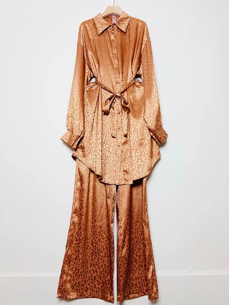 

Retro leopard print lapel lace-up cinched waist long shirt two-piece set for 2025 Autumn women's wear + wide-leg pants set