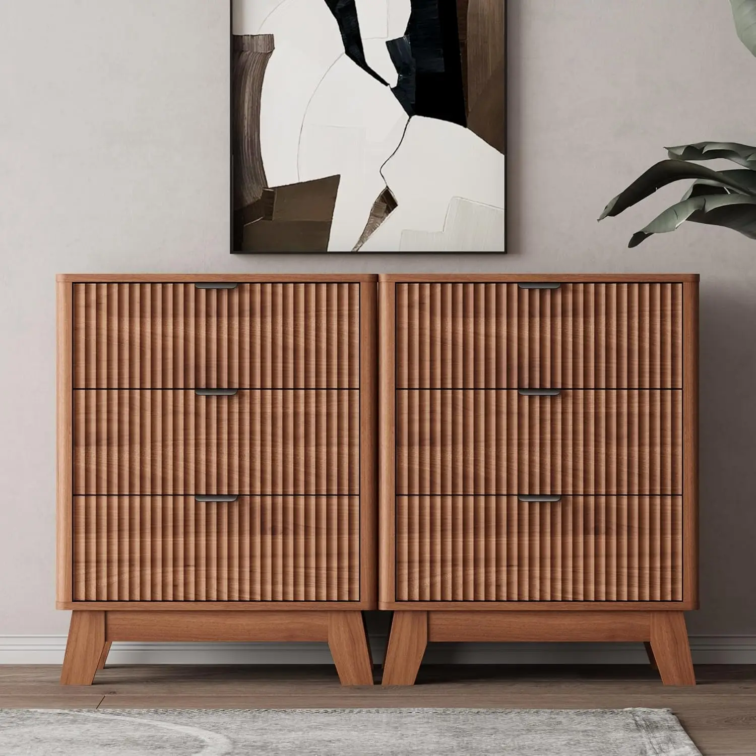 Mid Century Modern Wood Nightstand with 3 Drawers & Metal Handles, Bedside End Table for Bedroom Set of 2, Walnut, Customized