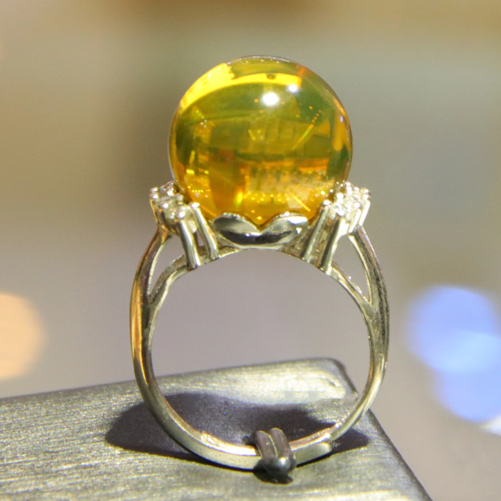 

Adjustable Ring for Women 14mm Color Shift Blue Amber Silver with Diamond Accents Anniversary Gift