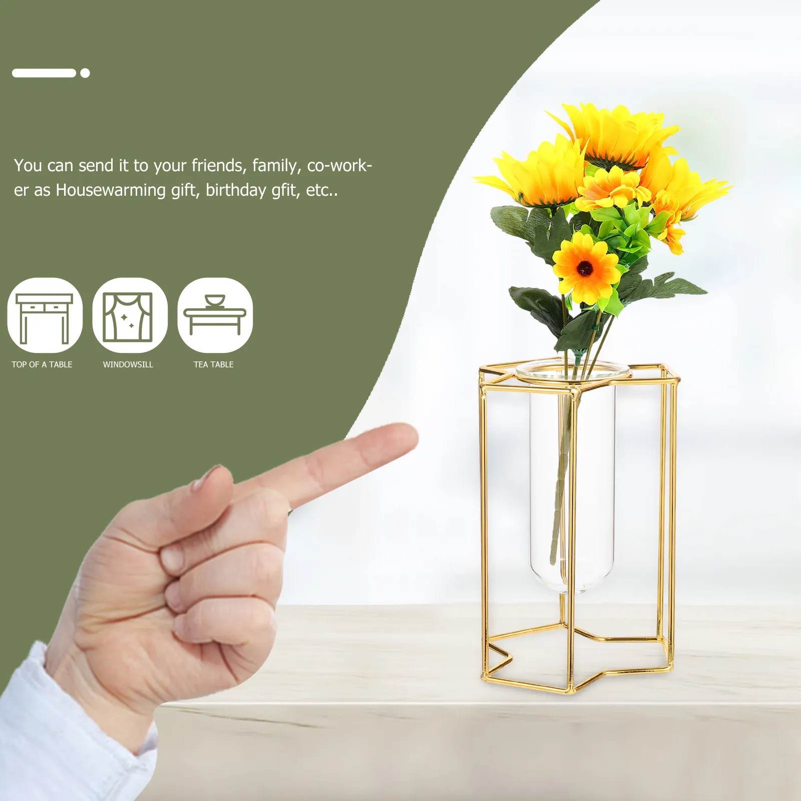 1Pcs Three-Dimensional Mini Hydroponic Flower Bottle Metal Glass Vase Decorative Transparent Vase for Home Office Garden