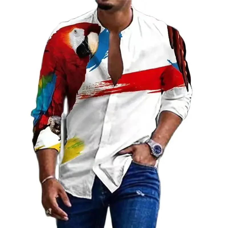 

2022 Spring Men Shirts Baggy Parrot Butterfly Ink Print Long Sleeve Top Hip Hop Vintage Loose Oversized Shirts For Male Clothes