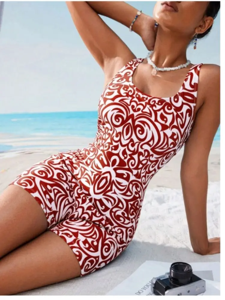 Rückenfreier, lässiger einteiliger Damen-Badeanzug mit Allover-Print und Shorts für den Sommer-Strandurlaub