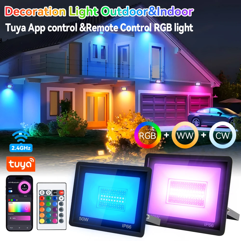 

Outdoor/Indoor RGB FloodLight Waterproof IP66 Tuya APP/Remote Control 100W/50W Spotlight AC85V-220V Garden Party Deco Lighting