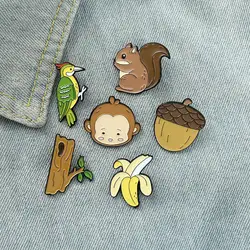 Forest Animal Enamel Pins Monkey Banana Squirrel Pine Cones Woodpecker Trunk Brooch Lapel Badge Bag Jewelry Gift for Kid Friend