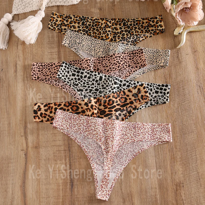 3PCs Women's panties Sexy seamless thong sport breathable elastic T panties women leopard print image 4
