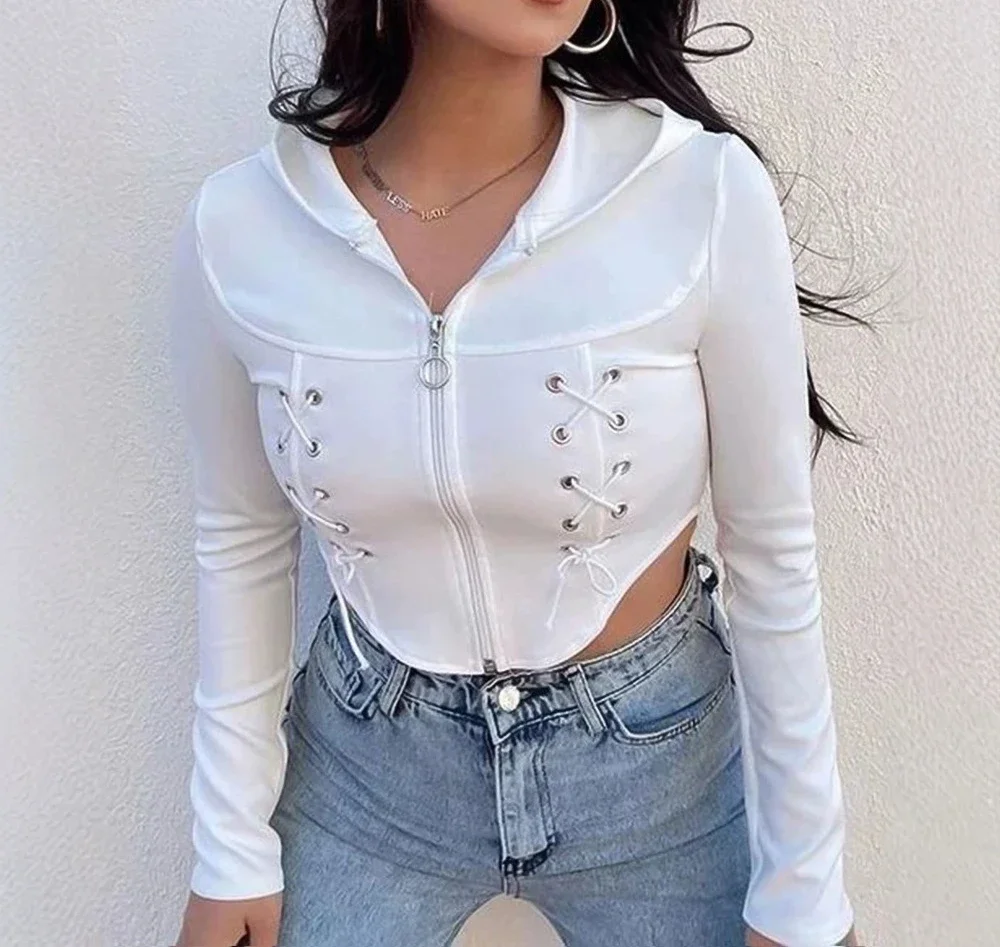 Sexy Zip Up Hoodie Women Streetwear with Strap Long Sleeved Lace-Up Crop Top Simple Irregular Blouses Harajuku Autumn 2024 New