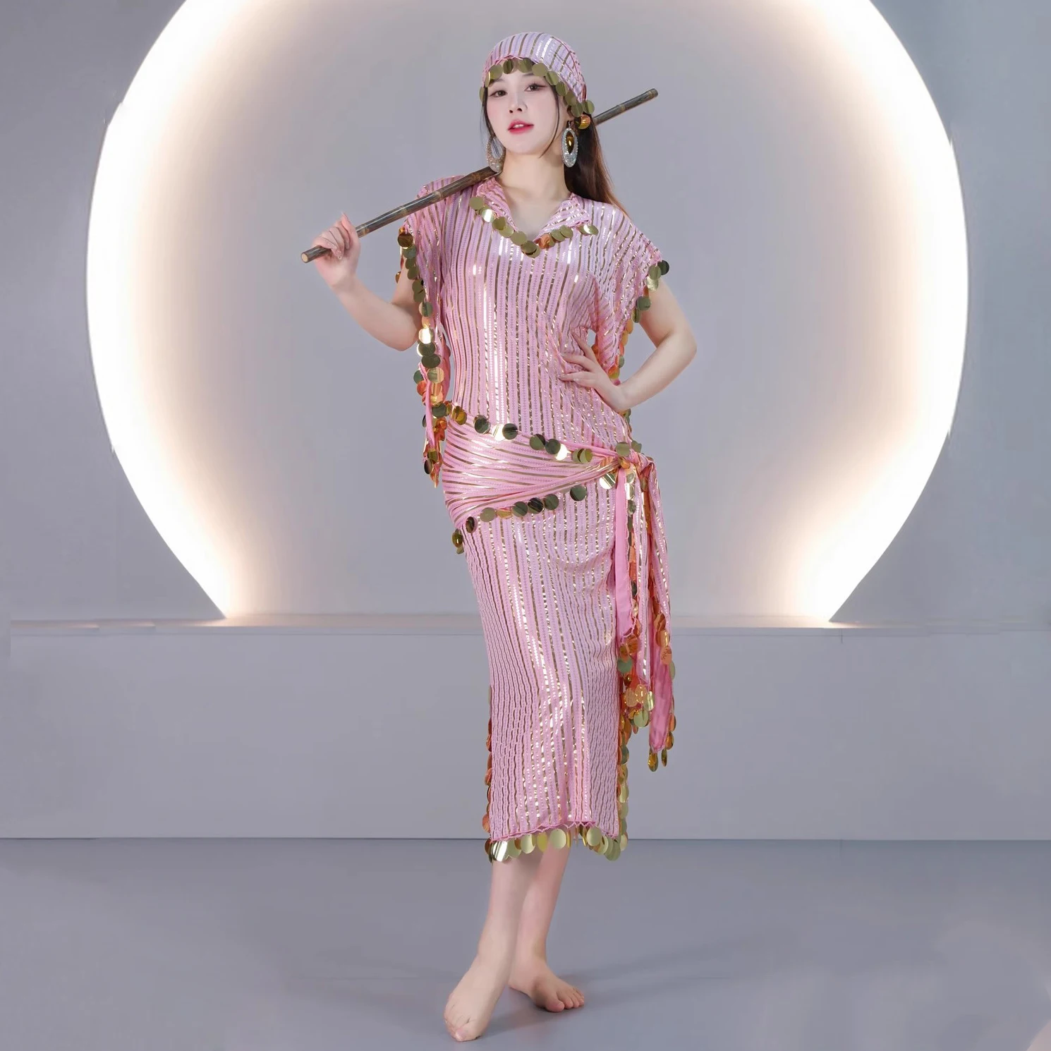 

Women Egyptian Belly Dance BALADI Dresses Saidi Short Robe Folk Dance Outfit Gilding Stripe Coins Costume Golden Belt Kerchief