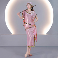 Women Egyptian Belly Dance BALADI Dresses Saidi Short Robe Folk Dance Outfit Gilding Stripe Coins Costume Golden Belt Kerchief