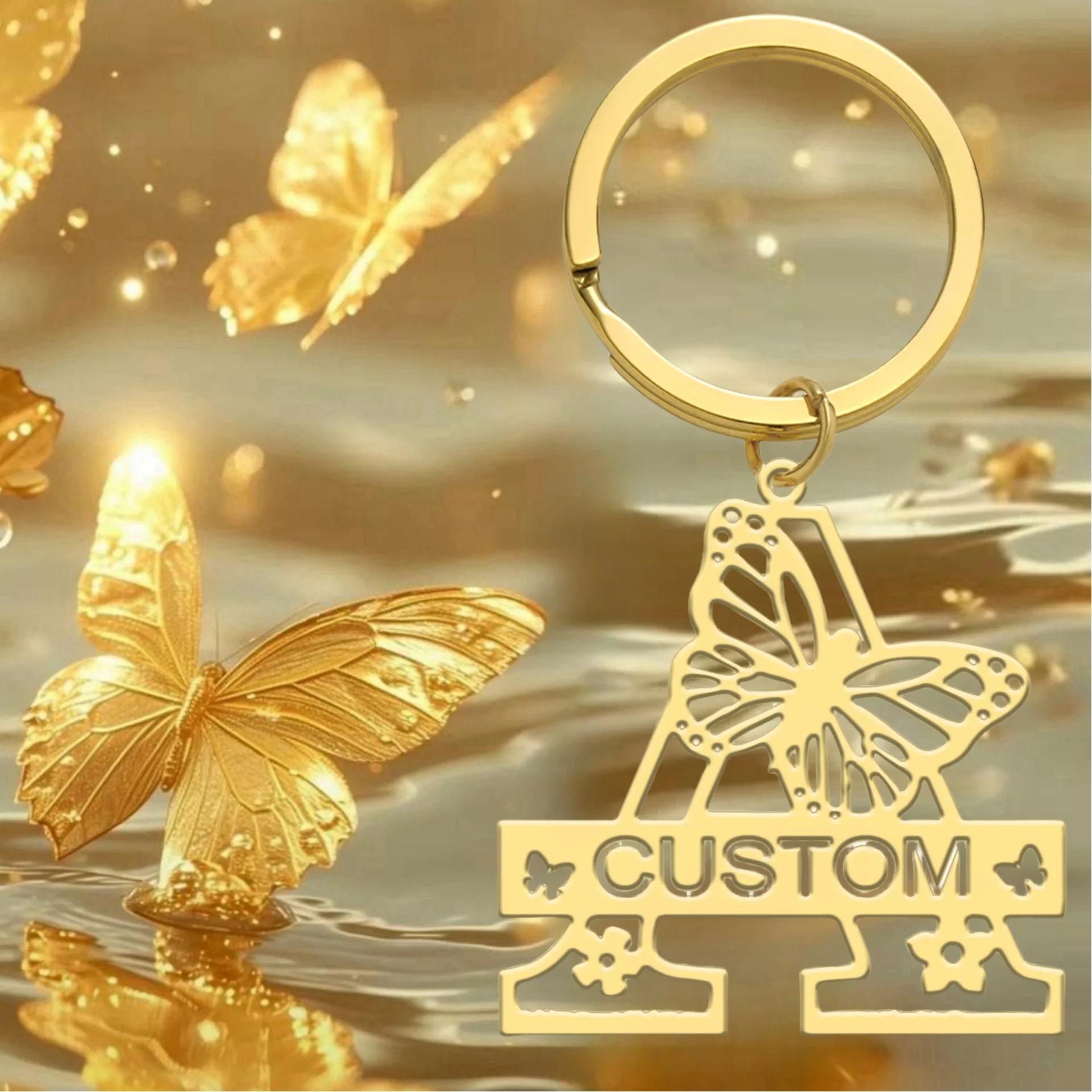 

Jeshayuan Customized Name Letter Gold Color Keychain Personalized Stainless Steel Butterfly Key Chain Women's Jewelry Gift