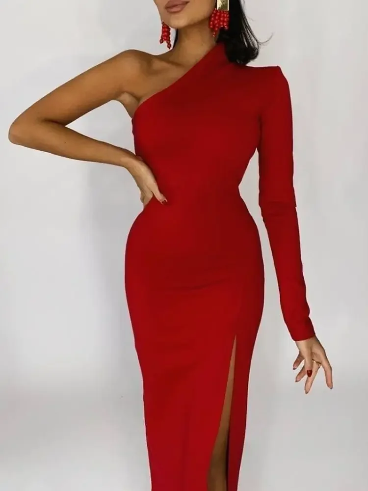 Long Elegant Dresses for Women Summer One Shoulder Maxi Dress Bodycon Sexy Black Slit Fomal Wedding Evening Party Dress 2022