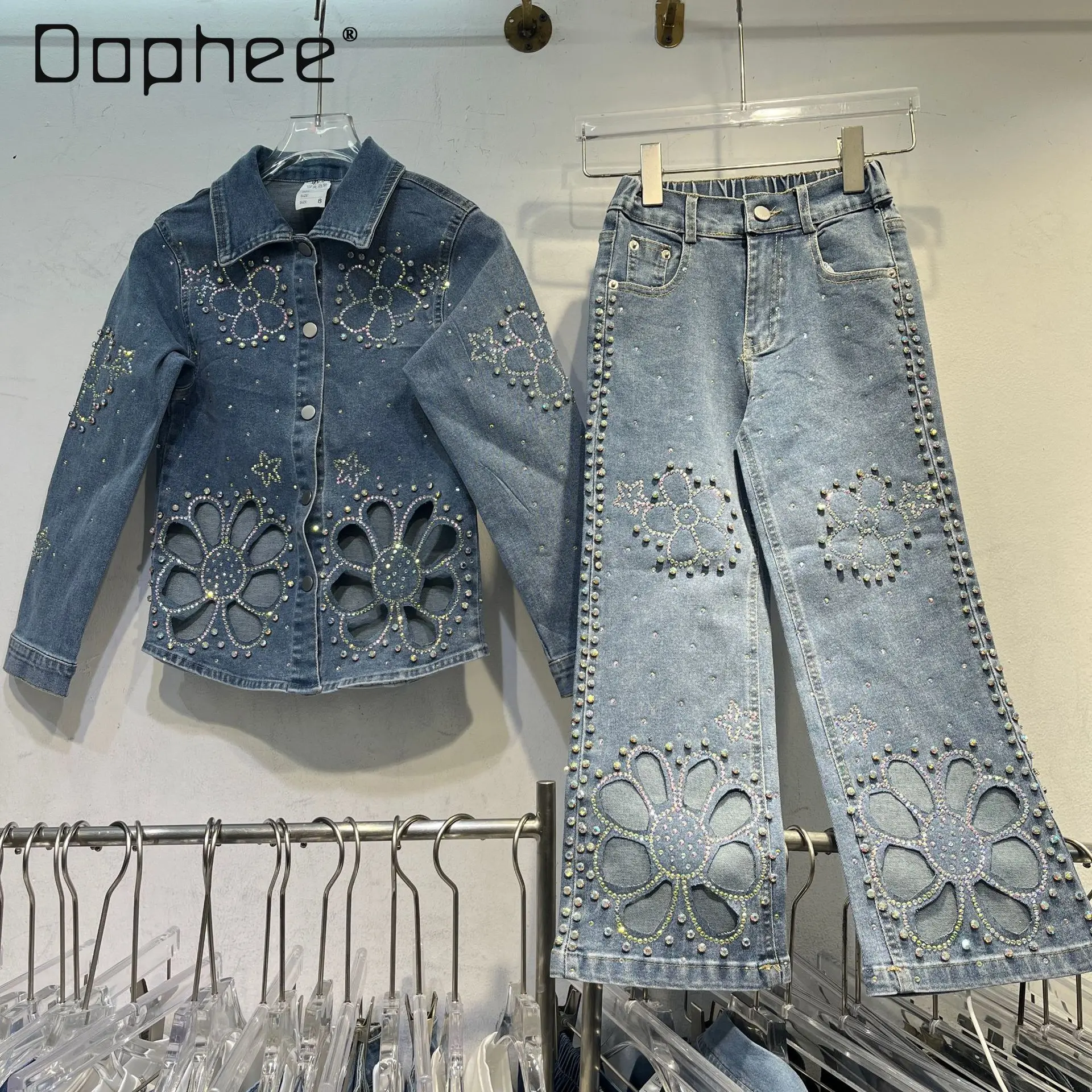 

Европейский стиль, модная джинсовая куртка с длинными рукавами и цветочным принтом, прямые джинсы, тяжелый джинсовый комплект для рукоделия, весна