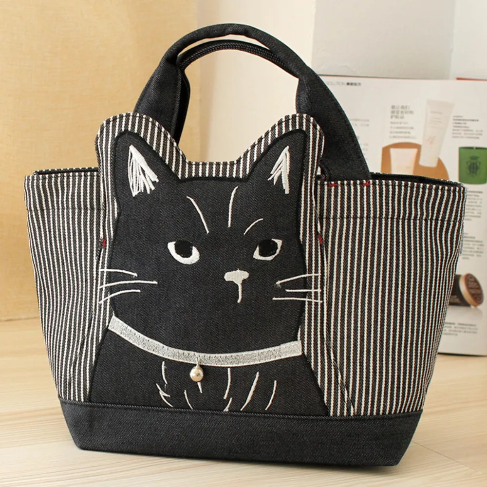

Cute Cartoon Top-Handle Tutoring Bag Embroidery Shopping Cat Tote Handbags Large Capacity Striped Canvas School Bag Girls