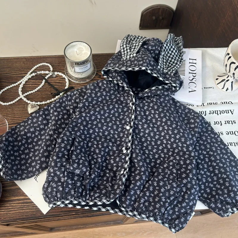 

Toddler Girls Coat Autumn Flowered Pattern Hooded Kids Baby Girls Outwear Ins Casual Single Breasted Button Rabbit Ears Jacket