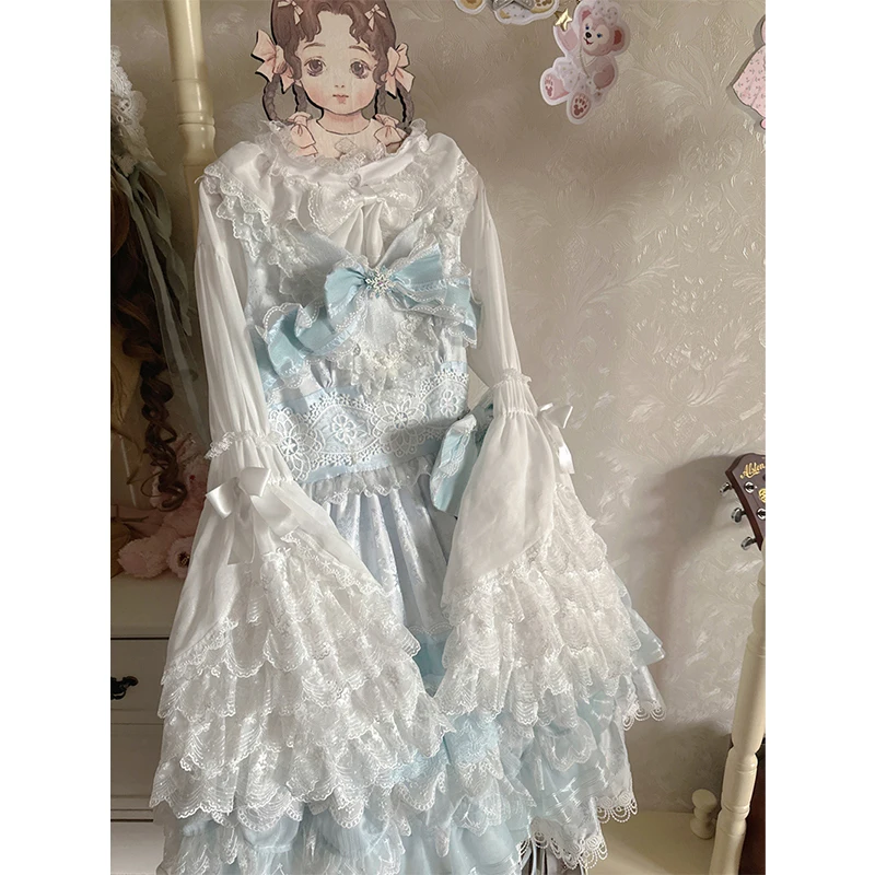 

Lolita White Bow Shirts Women Kawaii Cutecore Pink Lace Ruffles Blouses Summer Japanese Harajuku Flare Long Sleeve Design Tops