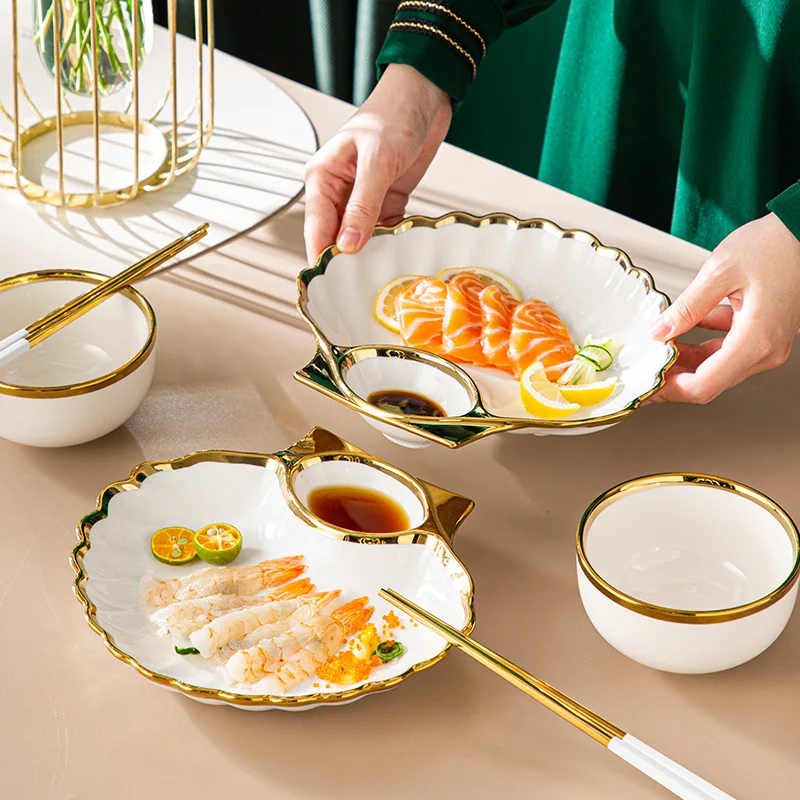 HOONRA 8 inch Creative Shell Dinner Plate Under-glazed Ceramic Dinner Dishes Dessert Tray Golden Edge Dinnerware Microwave Safe