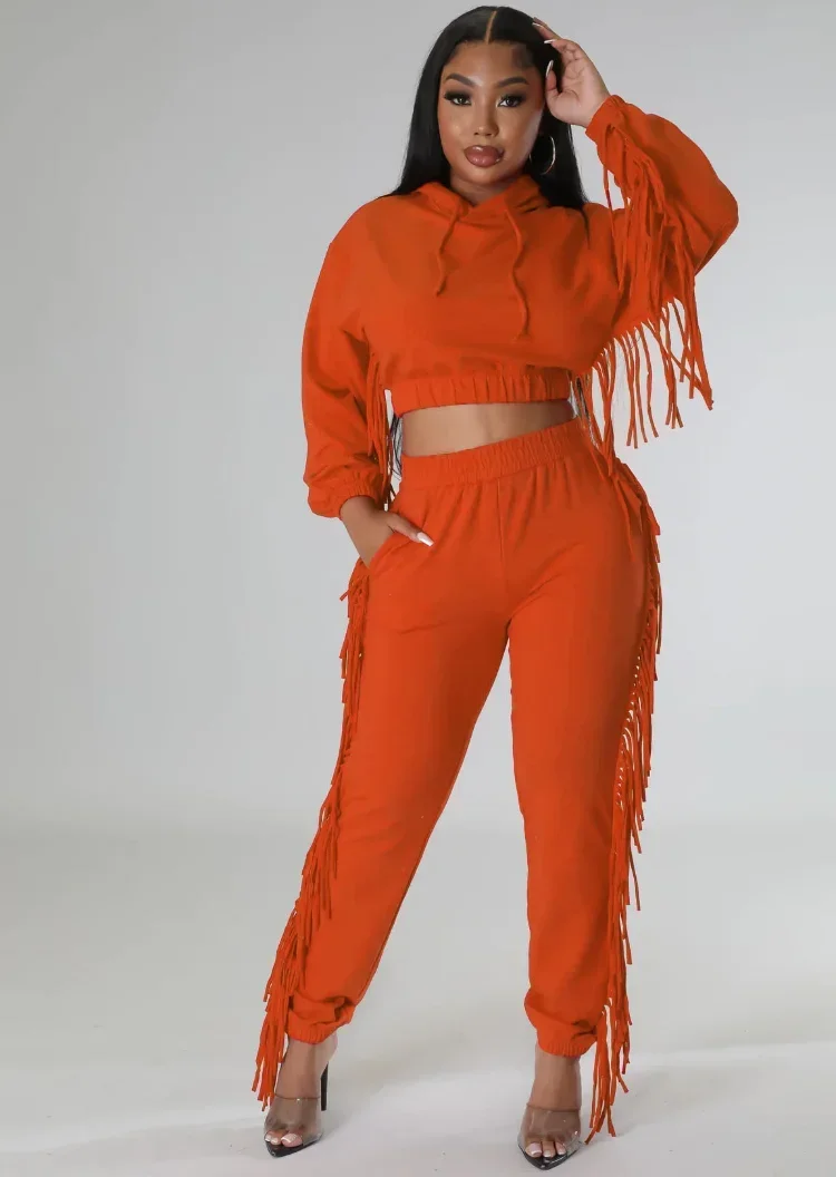 

KEXU Elegant Tassel Fall Two Piece Set Long Sleeve Hooded Shirt + Long Pants Solid Sportsuit Matching Set Casual Women Tracksuit
