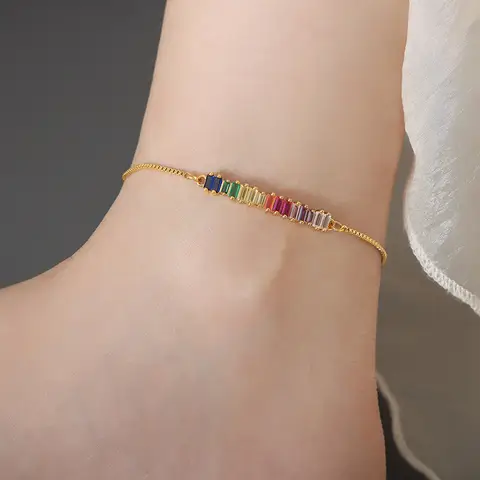 Minimalist Geometric Anklet For Women, Multicolor Zircon Inlaid Snake Chain Titanium Steel 18K Gold Color Adjustable Slider