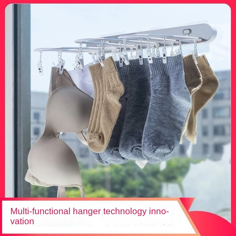 Wall-mounted punch-free bathroom towel rag multi-clip drying socks clip balcony underwear panties foldable drying rack hangers