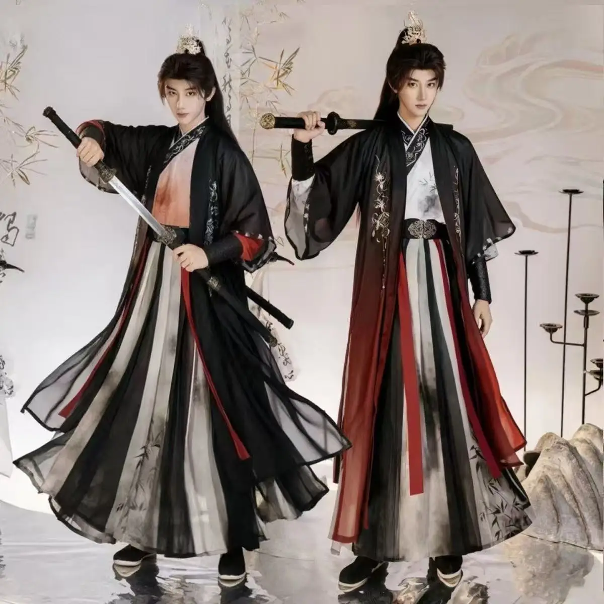 halloween-wuxia-hanfu-men's-traditional-chinese-bamboo-printing-clothing-carnival-stage-performance-outfits-water-ink-hanfu