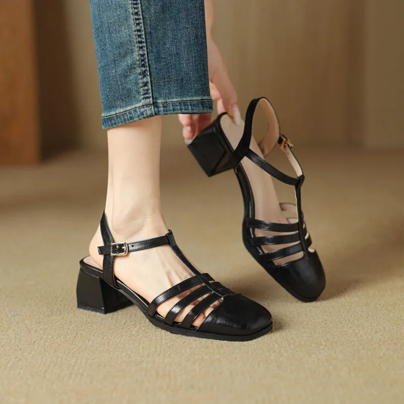 Phoentin T-Strap Elegant Sandals For Women Narrow Bands Middle Heels Square Toe Black Color Laides Shoes Plus Size FT3617