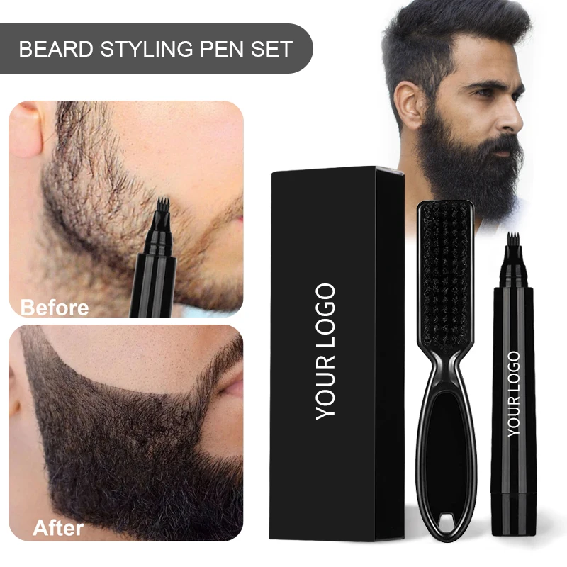 Waterproof Beard Filler Pencil Kit Private Label Beard Filling Pen Kit For Men Black Vegan Beard Brush Set