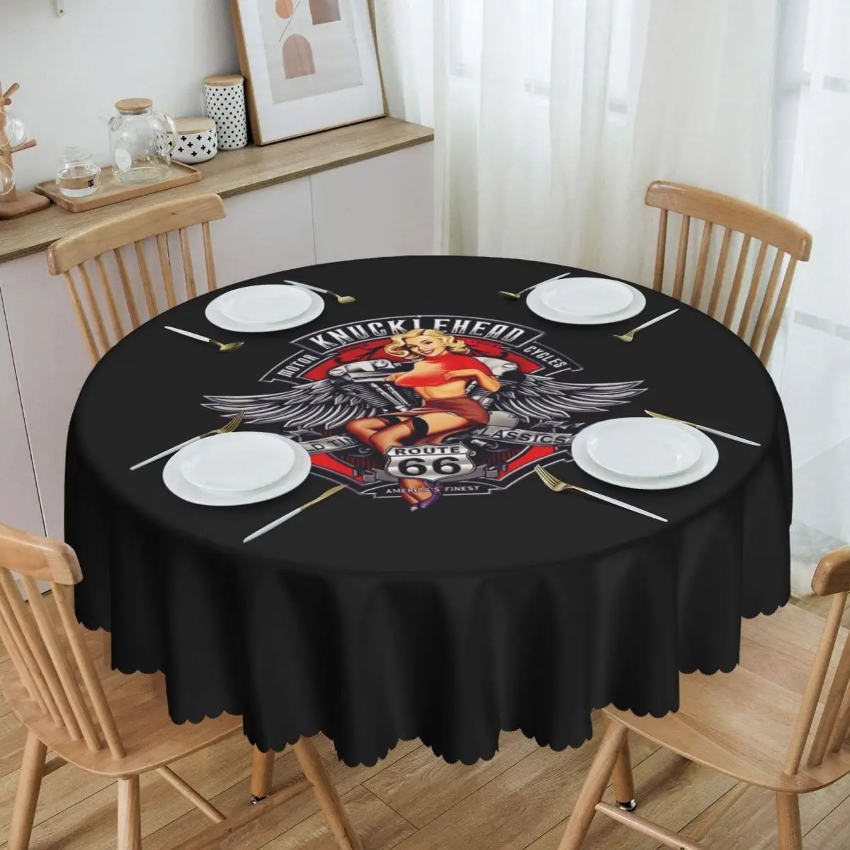 

Custom Round Vintage Route 66 Mother Road Tablecloth Waterproof Oil-Proof Table Cover 60 inch Biker America Highway Table Cloth