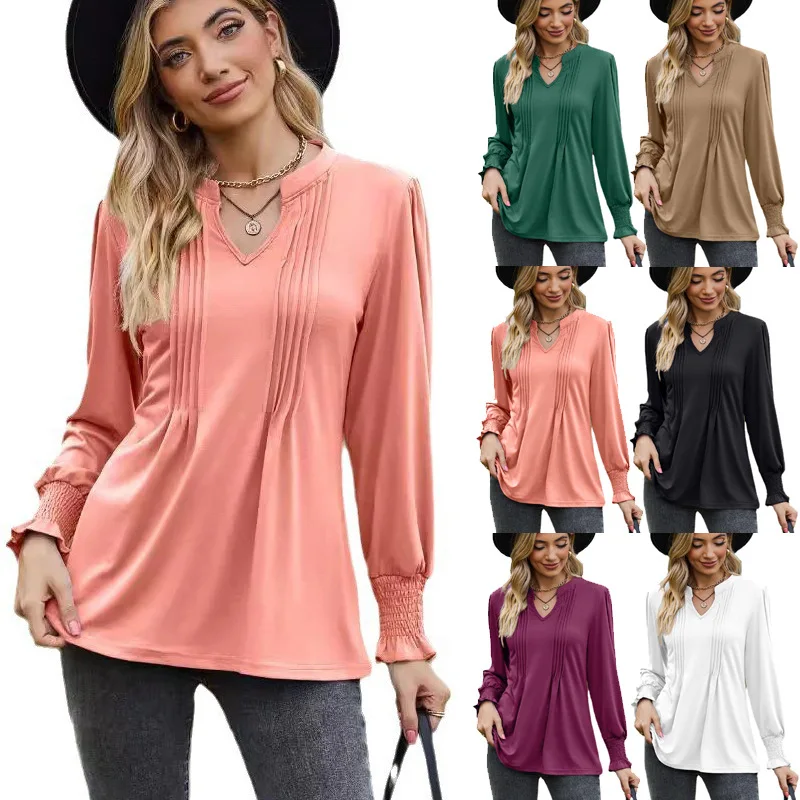 

Autumn 2024 New Sle Women's T-irt Pure Color Bubble Sve V-ne Long Sve Pullover Top Faionable Cusizable Design