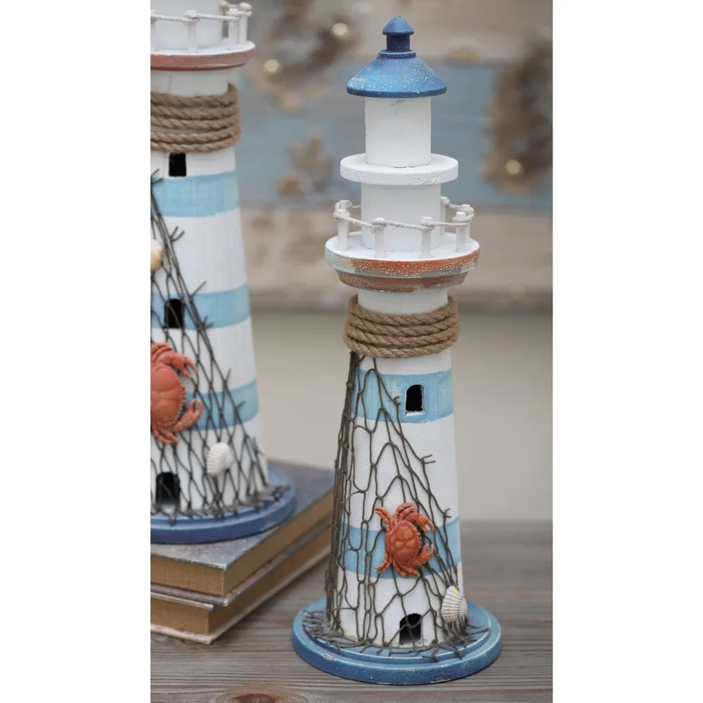

Blue Wood Light House Sculpture with Netting