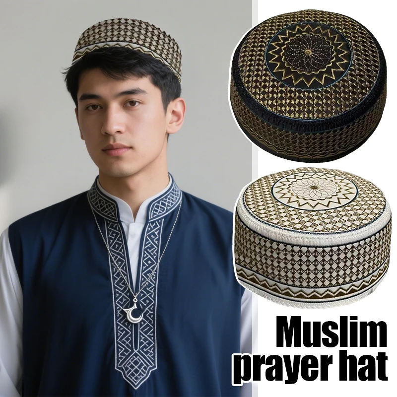 

Men Summer Muslim Caps Turkey Prayer Hat Ethnic Style Embroidery Flattop Kufi Islamic Saudi Turban Bonnet Muslim Hat Worship Hat