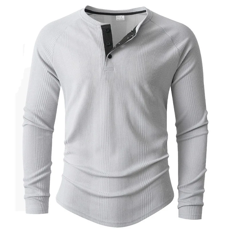 جديد جولة الرقبة طويلة الأكمام هينلي قاع قميص تي شيرت شريط عمودي قميص بولو للرجال #3