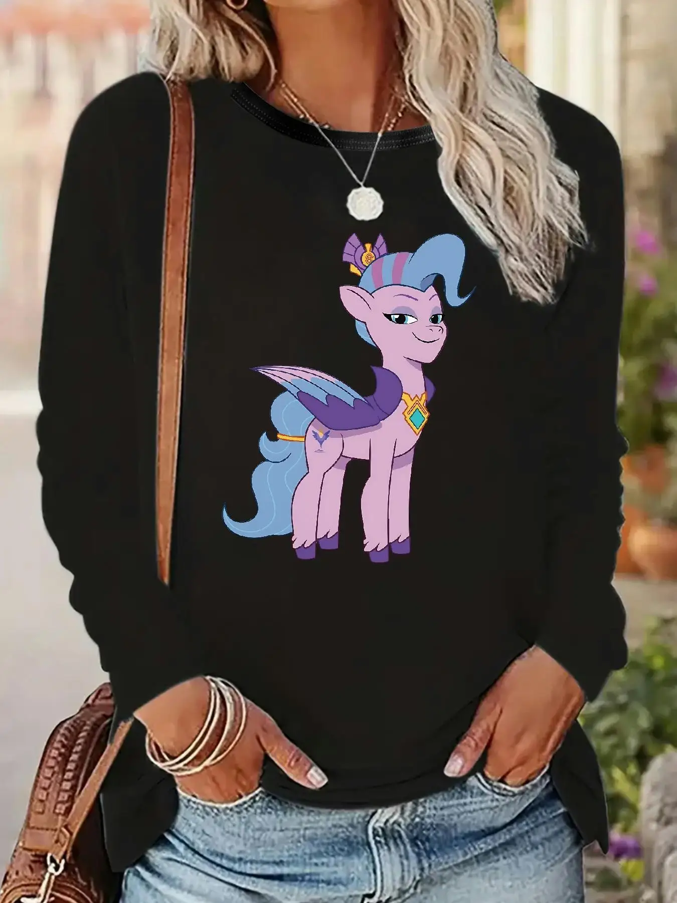 

MY LITTLE PONY M2626 (25) Crew Neck Long Sleeve T-Shirts, 95%Polyester+5%Elastane Women's Long Sleeve Tops, Athleisure Everyday