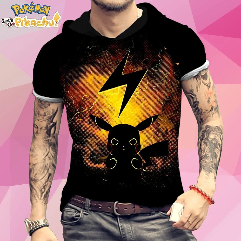 

Милая Мужская футболка Pikachu с капюшоном 3XL, футболки большого размера с покемоном, базовая футболка 2022, Высококачественная модная Аниме Пикачу