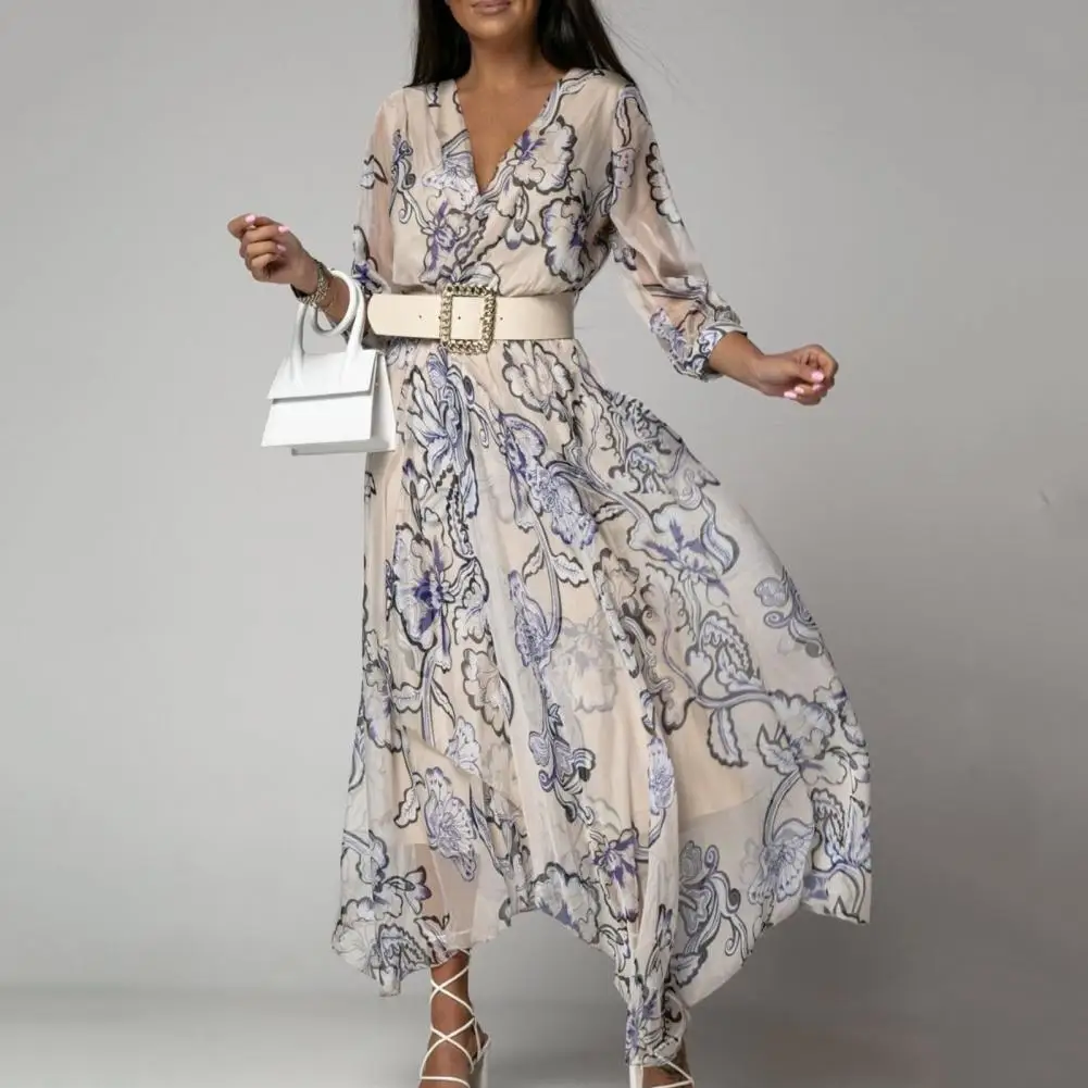 

Women Beach Dress Flower Print Big Hem 3 Quarter Sleeve V Neck Pleated Dress-up Bohemia Summer Holiday Maxi Dress Women Clothes