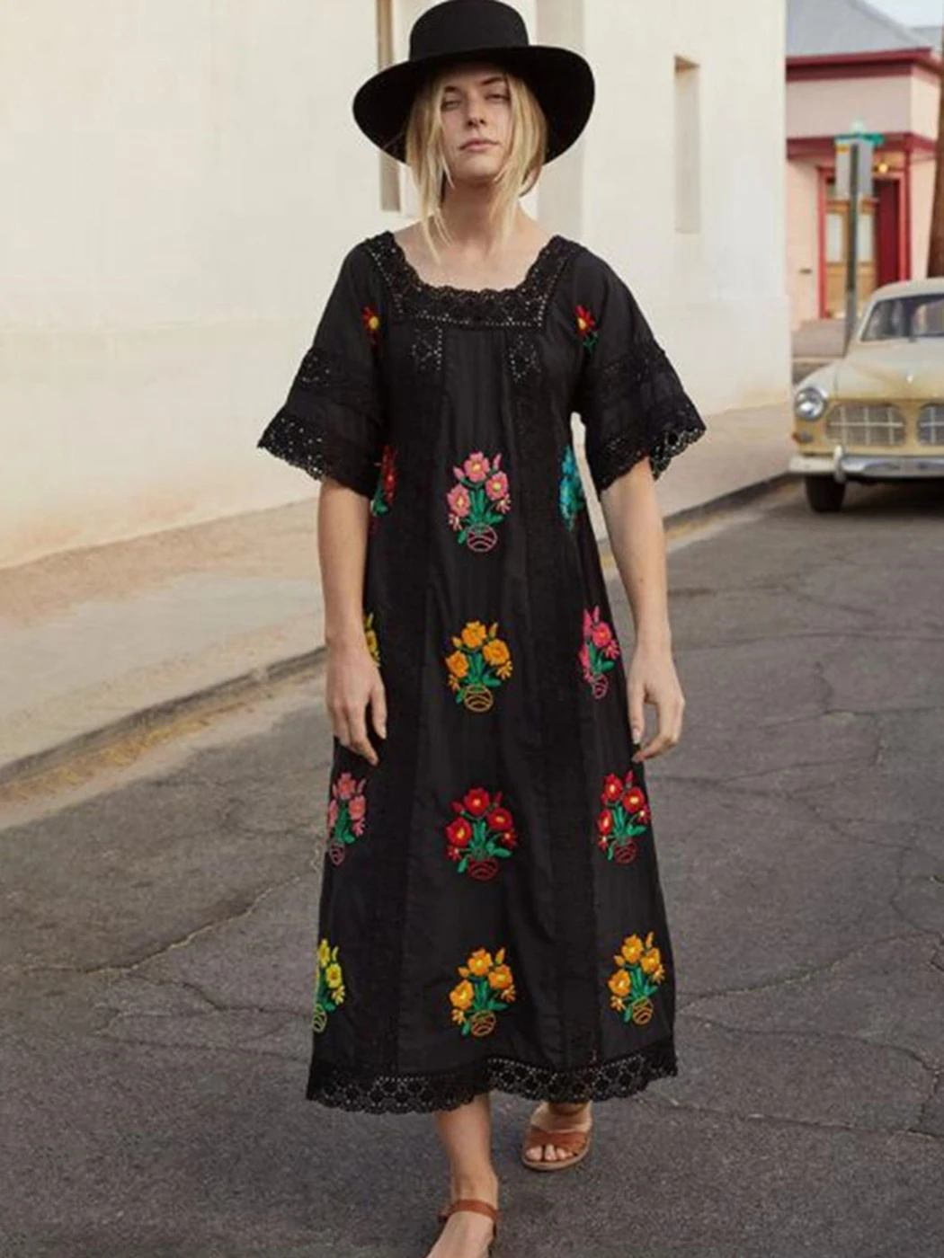 

Jastie Bohemian Beach Midi Dress Women Hollow Quare Collar Raglan Sleeve Casual Embroidered Vestidos Vintage Summer Dresses 2022