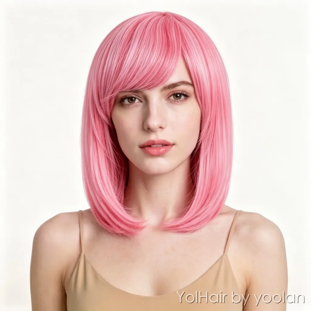 

Short Pink Bob Wig with Bangs for Women Straight Pink Wig Heat Resistant Synthetic Hair for Daily Cosplay Anime Party Yoolan