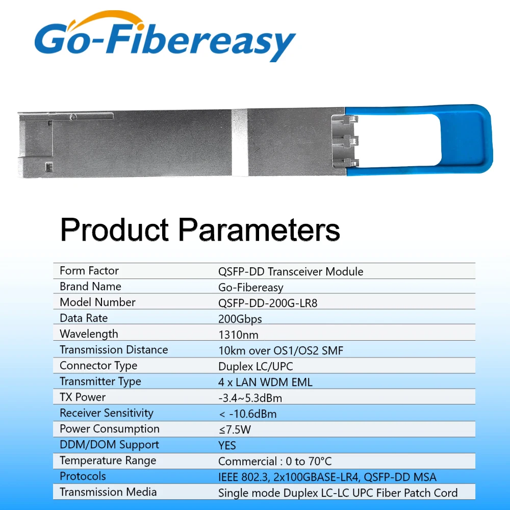 200G QSFP-DD LR8 Transceiver Module 2x100GBASE-LR4 1310nm 10km DDM Duplex LC SMF Optical Module Compatible with Huawei Switch