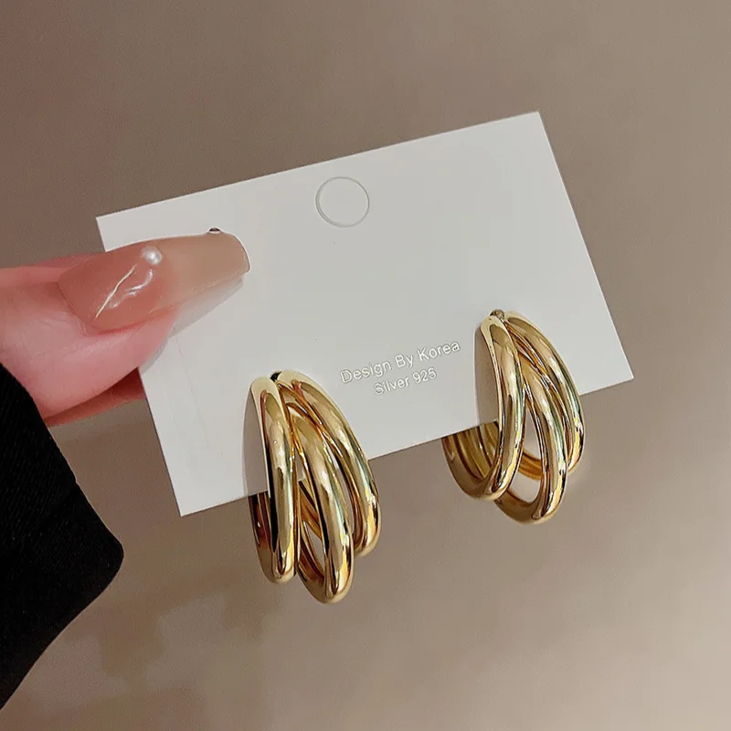 Gold Color Smooth Three Circles Hoop Earrings For Women Exaggerated Thick Tube Round Earrings Simple Fashion Hiphop Rock Jewelry