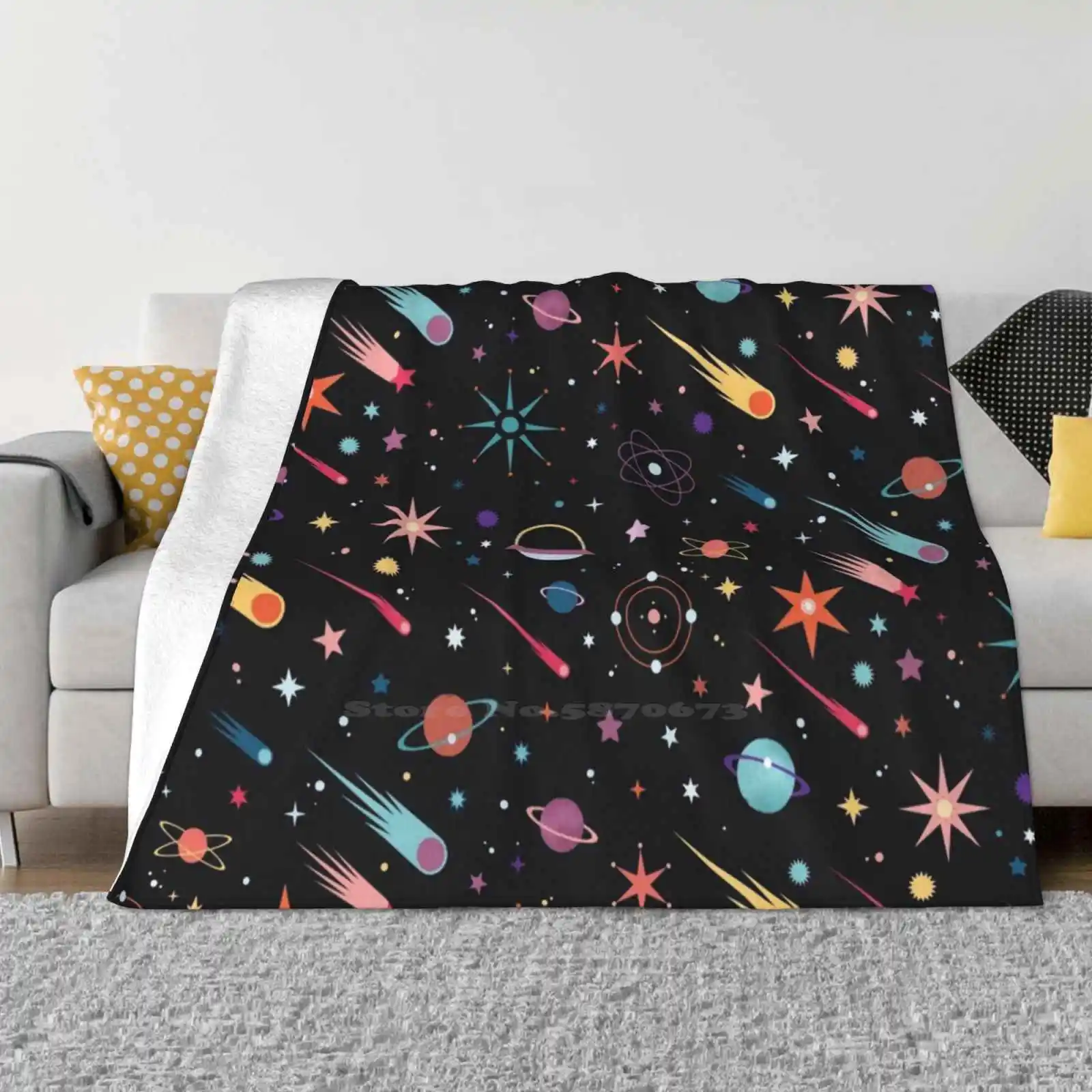 Fly Through Space Creative Design Light Thin Soft Flannel Blanket Universe Cosmic Galaxy Retro Mid Century Modern Decorative