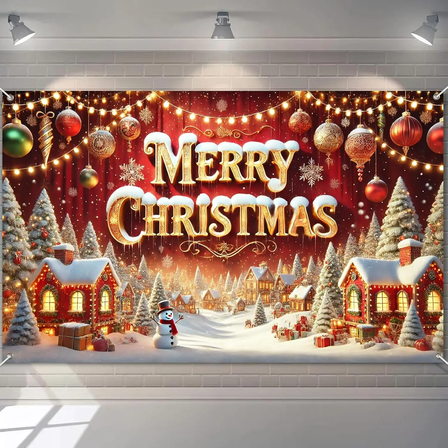 Snow Village Winter Landscape Christmas Backdrop Banner, Decorated Trees Holiday Event Party Photography Photo Booth Prop