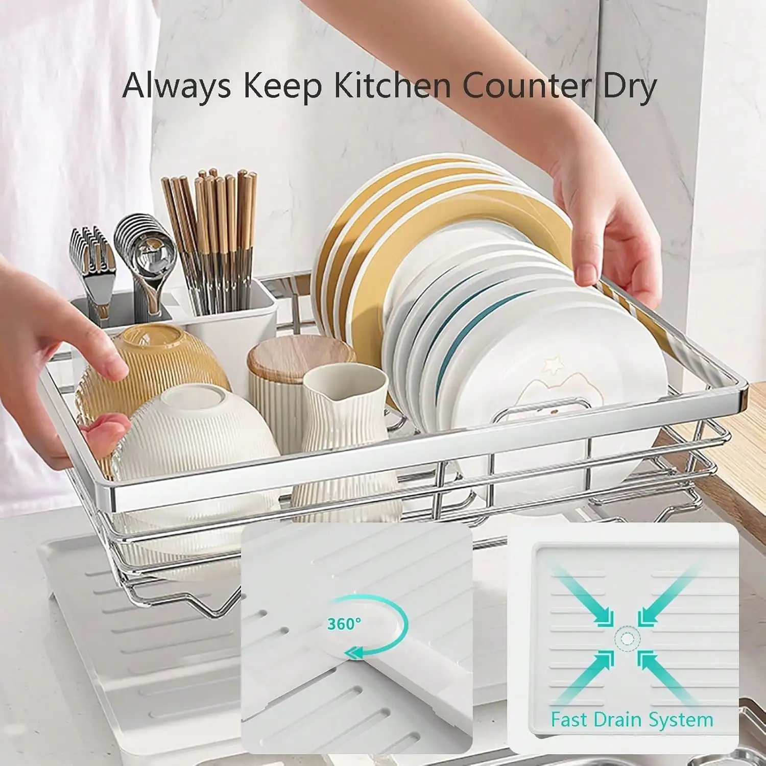 Dish Drying Rack,Large Stainless Steel Rust Resistant Dish Rack For Kitchen Counter,Dish Drainer With Utensil Holder And Drainbo