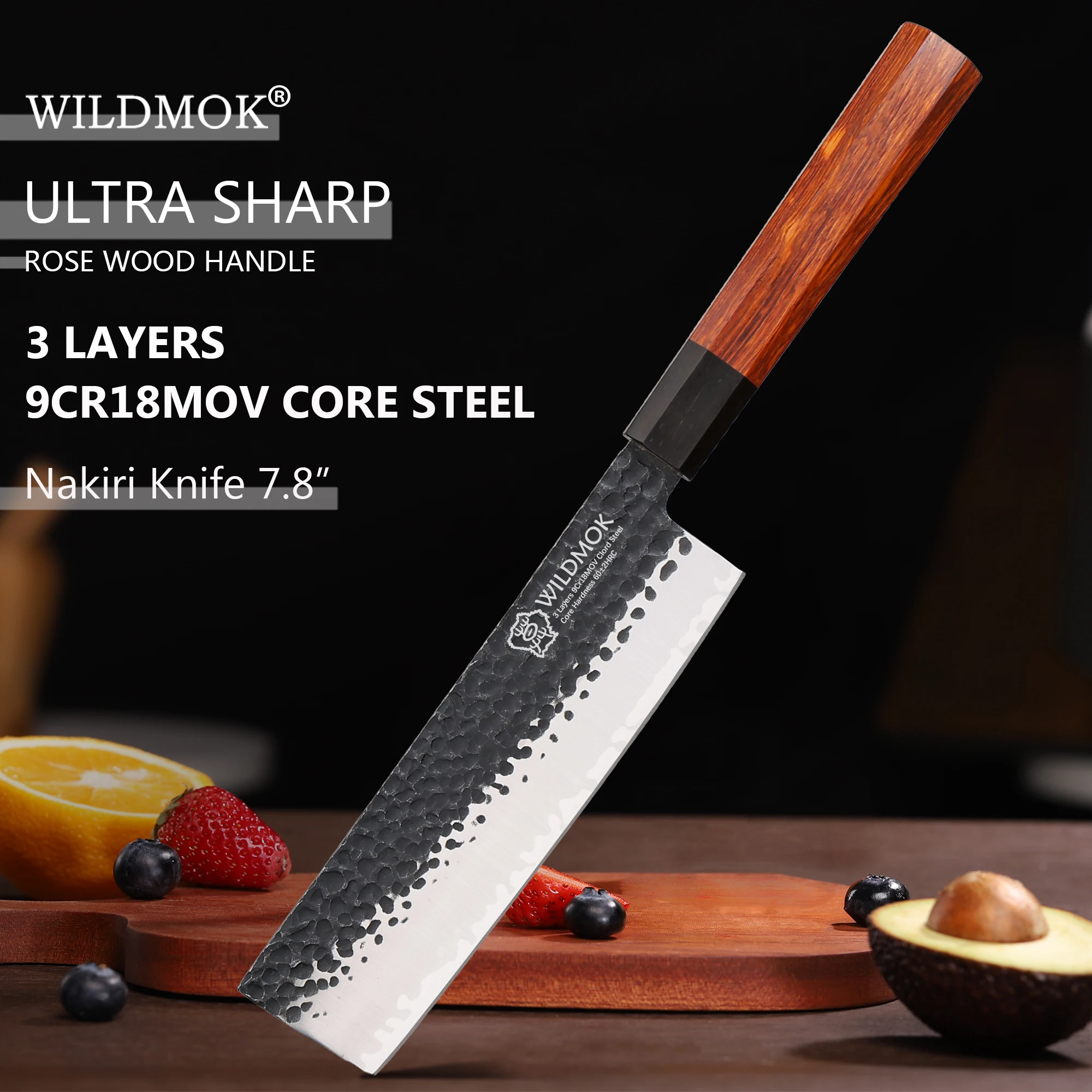 

WILDMOK Durable 9Cr18MoV Core Steel 7.8 Inch Nakiri Knife, Ergonomic Grip Kitchen Knife Non-slip Octagonal Rosewood Handle