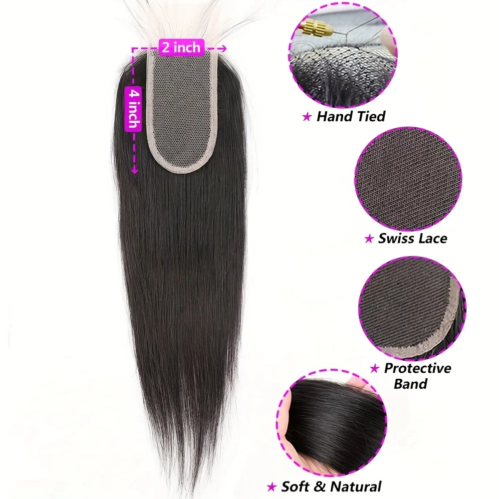 Straight Human Hair Lace Closure 2x4  Hand Tied with Pre-plucked Baby Hairs Middle Part Natural Color for All Women