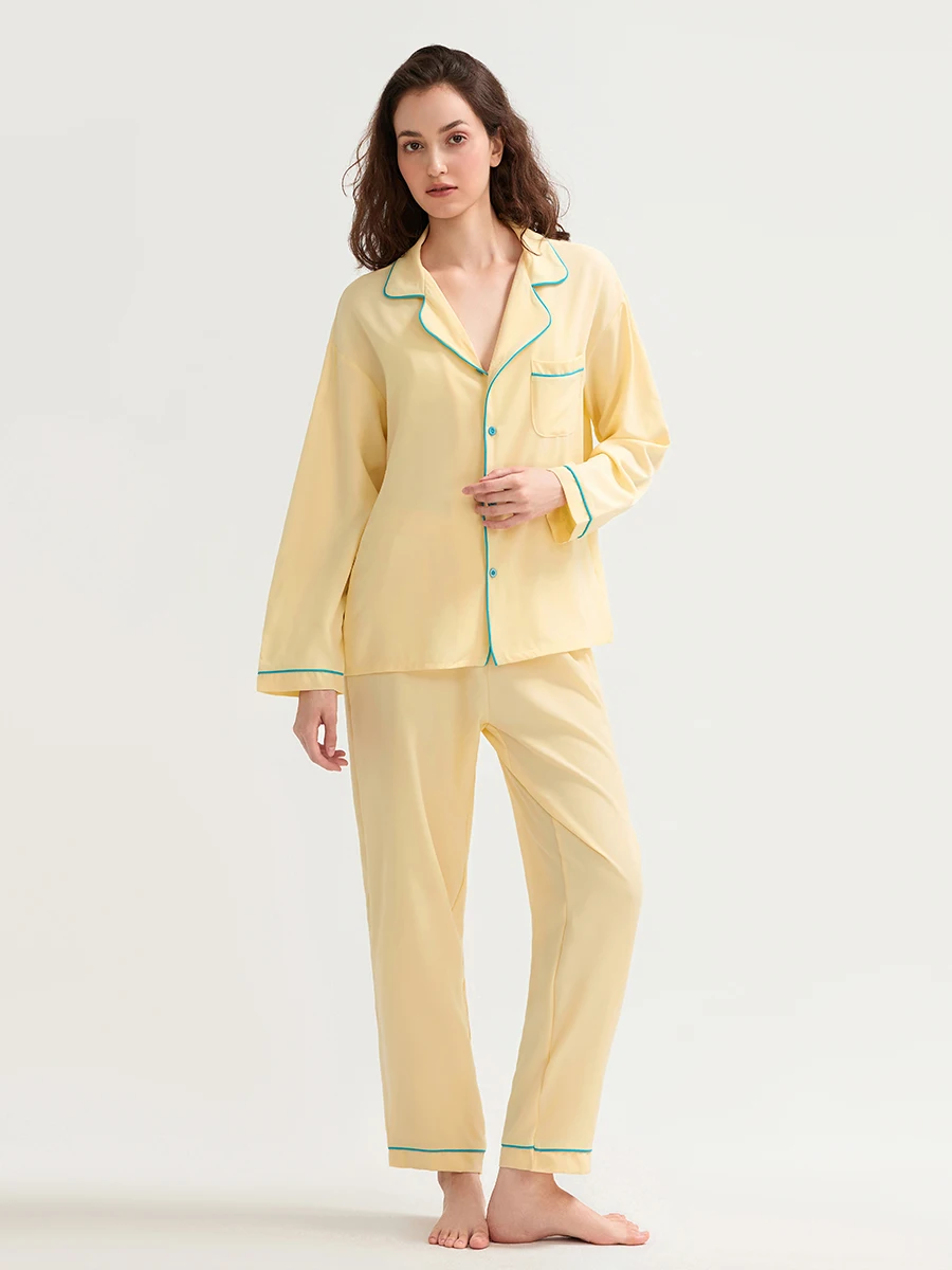 Женские осенние пижамные комплекты с карманами на пуговицах, топы с длинными рукавами и v-образным вырезом, брюки с широкими штанинами, комплект из 2 предметов для отдыха