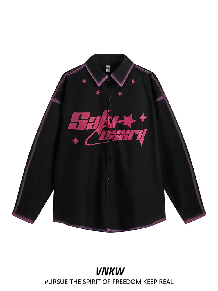 

Рубашка с длинными рукавами в американском стиле, мужская рубашка с принтом звезд, свободная повседневная уличная одежда, весенне-осенняя универсальная одежда высокого качества из смесового хлопка