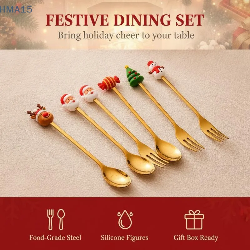 【YA】Christmas Stainless Steel Coffee Spoon Elegant Design Dessert Spoon Cake Fork for Formal Holiday Banquet Use